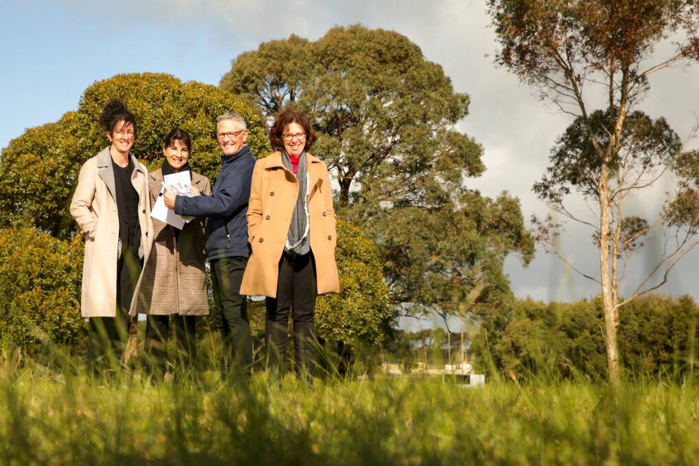 Hub: Terang College and the Hampden Specialist School P-4 students will relocate to new school buildings next year. Hampden Specialist School principal Kylie Carter, Terang College P-4 assistant principal Julie-Ann Kelly and 5-12 assistant principal Michael Castersen, and Terang College principal Kath Tanner on the site of the new building. Picture: Chris Doheny