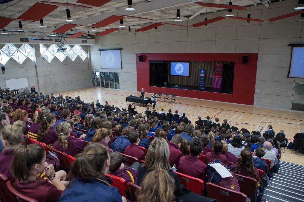 Important lesson: More than 600 students from across the region participated in a cyber bullying session in Warrnambool on Monday. Students were encouraged to stand up to bullies. Picture: Christine Ansorge