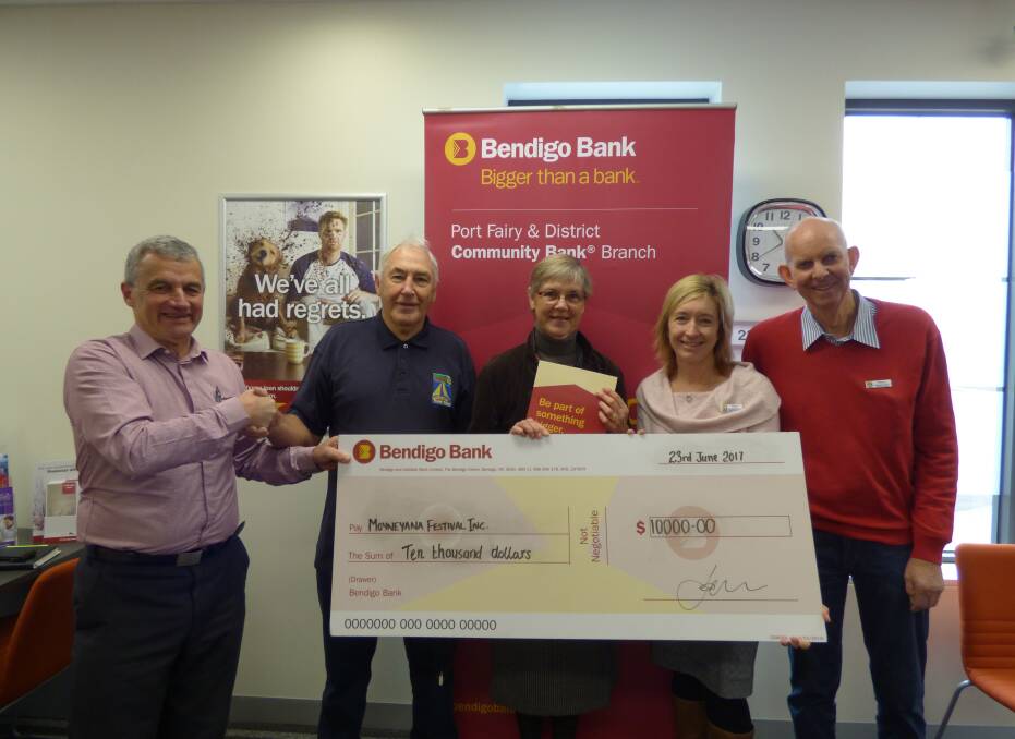 Bonus: The Moyneyana Festival has received funding from the Port Fairy and District Community Bank. Branch manager Ashley King with president Reg Harry, Marg Watt, Sue Flaherty and Henry Toller-Bond.