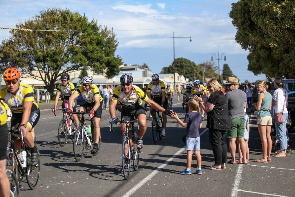 Well done: Murray to Moyne Cycle Relay team Colac Cranks arrive in Port Fairy after completing the 2018 event. Picture: Christine Ansorge