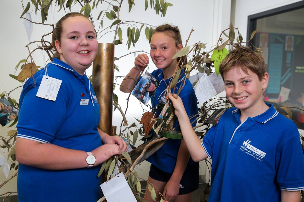 Reflection: Woolsthorpe Primary School grade 6 student leaders Isabelle Taylor, 12, Laura Hoffman, 11, and Chris Bruce, 11, with the gratitude tree they introduced as part of the 'dis project'. Picture: Rob Gunstone