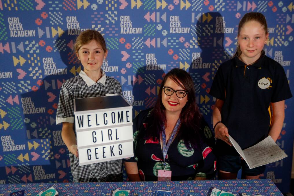 Leaders: Belle Plozza, 10, and Lily Carbury, 12, with Girl Geek Academy's Hannah O'Brien who hosted workshops in Warrnambool. The program aims to highlight the breadth of STEM careers that exist. Picture: Morgan Hancock