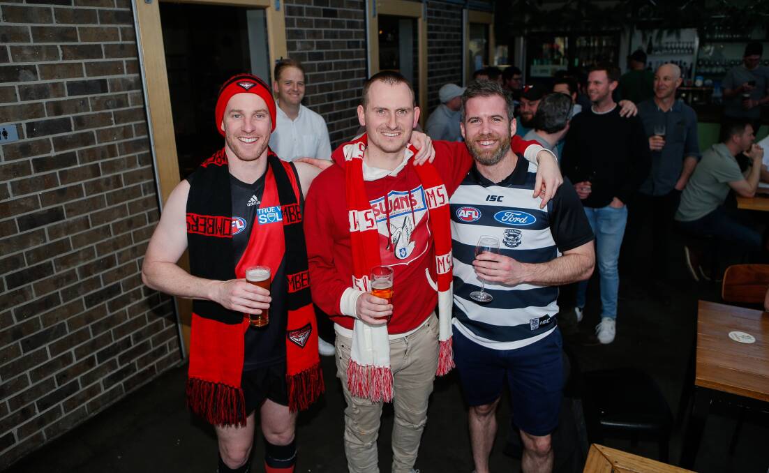 Warrnambool's Matt McMillan celebrated his bucks day with a grand final party with a group of mates including Ben Evans and Brad Pattison at the Cally Hotel. Pictures by Anthony Brady