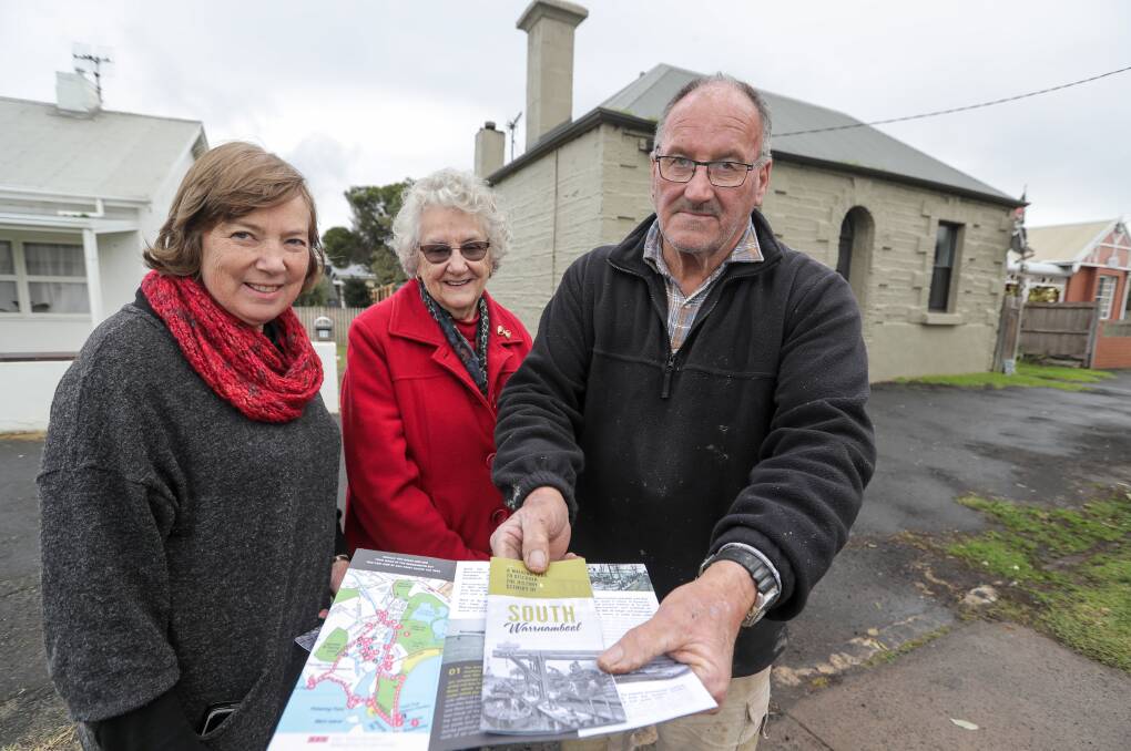 Proud: South Warrnambool residents Lynne Carter, Marianne Tinker and Bill Hicks have compiled a historic walking map and brochure about the area. Picture: Rob Gunstone