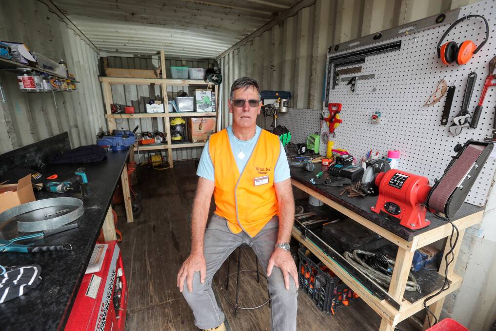 Helper: Former detective and Blaze Aid workshop co-ordinator Don O'Garey is fitting out a shipping container with donated tools. Picture: Rob Gunstone