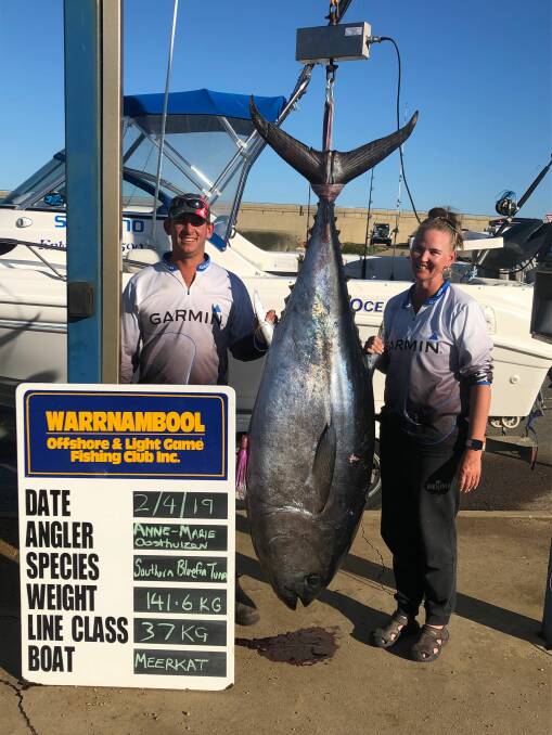 Excited: Jan and Anne-Marie Oosthuizen with the southern bluefin tuna that Anne-Marie caught off Portland on Tuesday.  