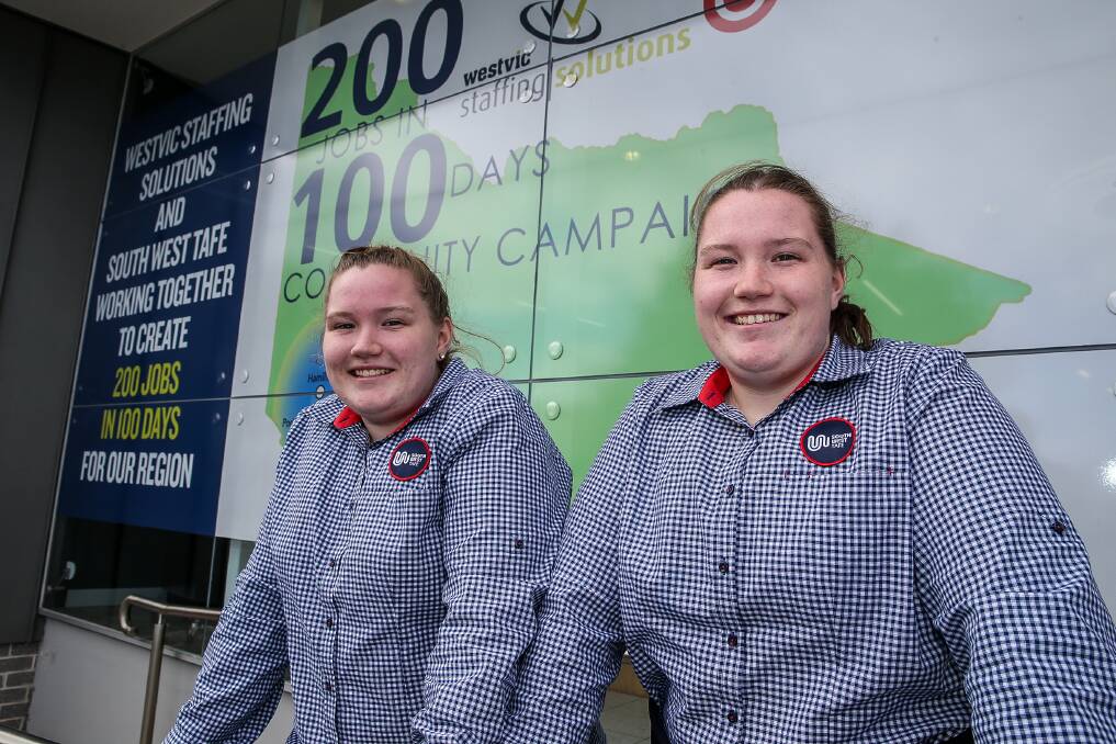 Employed: Panmure twins Laura and Kiara Billington are completing a Certificate III in Business at South West TAFE as part of Westvic Staffing Solutions' 200 Jobs in 100 Days campaign. Picture: Anthony Brady

