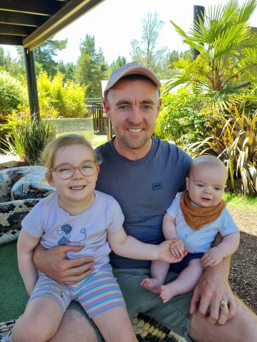 Warrnambool dad Matthew McConnell with daughter Edie, 3, and Noah, five months. He is sharing his grief journey after the loss of the couple's daughter Wren in April 2022 to help other men in a similar situation feel less alone. 
