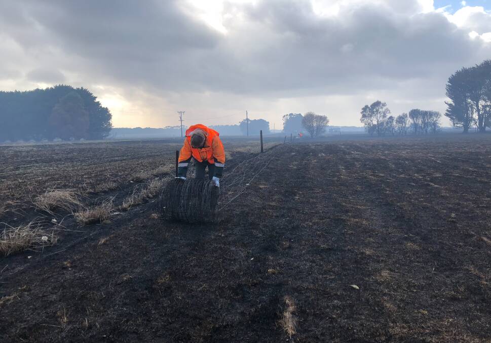 Thank you: A Blaze Aid volunteer helps to clear burnt fences from an Elingamite farm in the days following the St Patrick's Day fires. Picture: Rob Gunstone