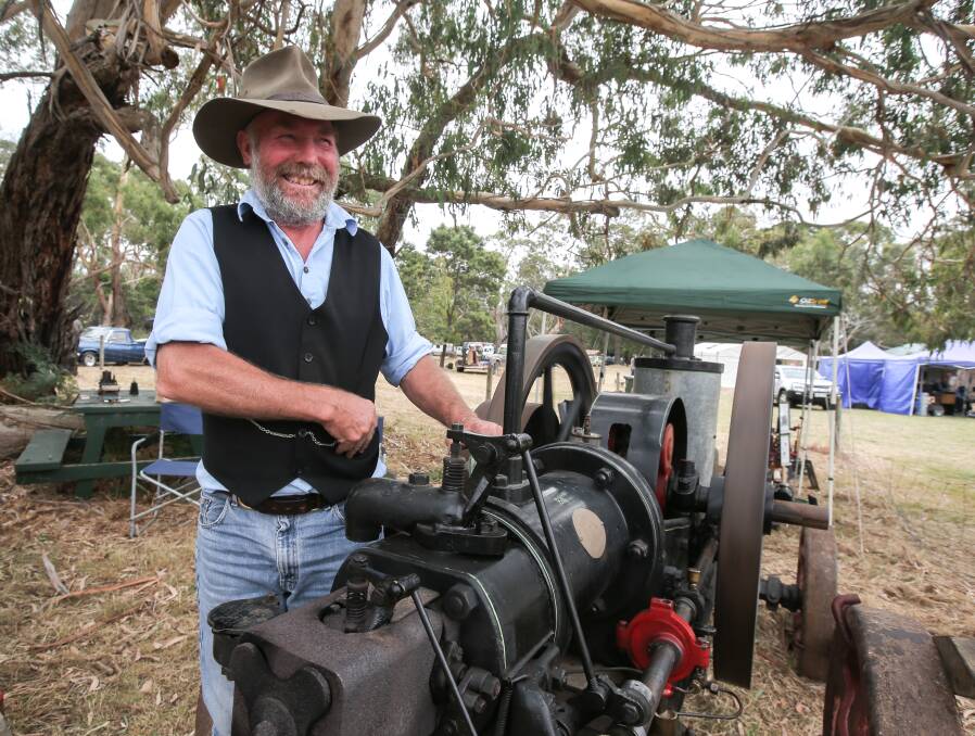 Old timer: Orford's Bert Jarrett with his 1921 Austral Oil engine at the Orford Vintage Rally. It's on Saturday and Sunday at the sports ground on Dicks Road from 9am. Picture: Rob Gunstone