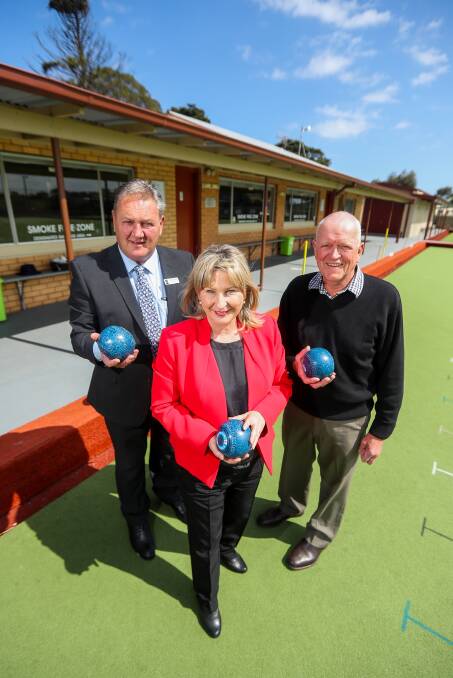 Celebration: Moyne Shire mayor Mick Wolfe, Member for Western Victoria Gayle Tierney and Koroit Bowls Club chairman Barry Padgham. Picture: Morgan Hancock