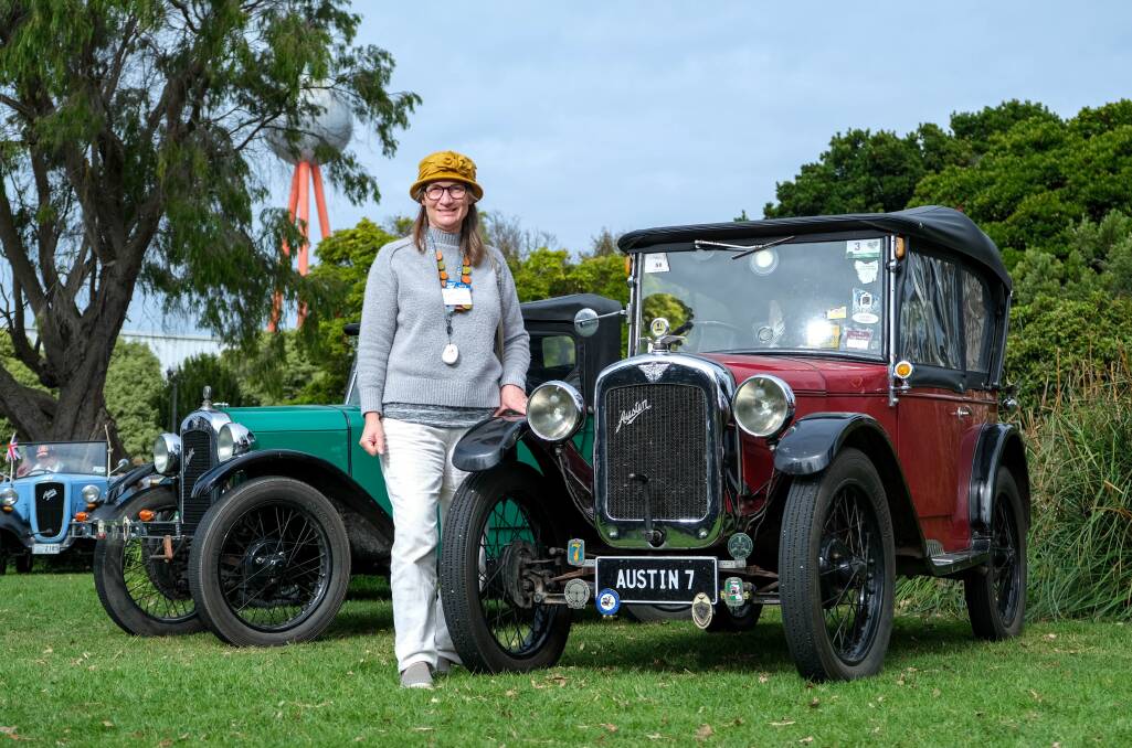 Proud: Gaye Forster and husband Len, travelled from Alvie, near Colac with their 1929 Austin 7 Chummy to attend this week's national rally in Warrnambool.