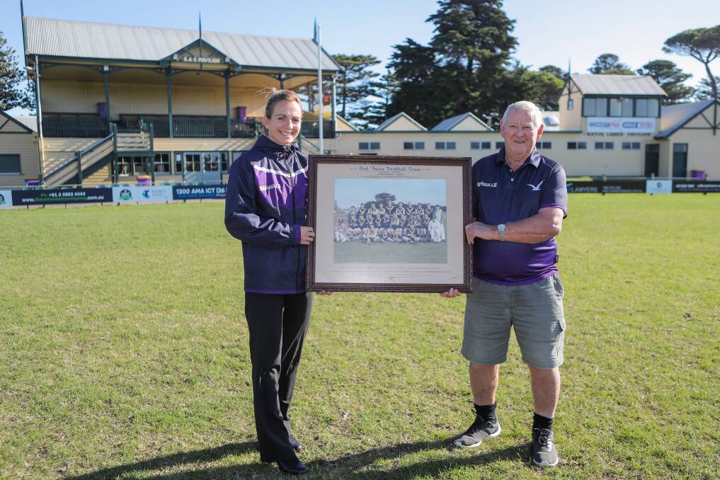 Then and now: Port Fairy 350-game netballer Nicole Dwyer and 1958 premiership player Jimmy Murray will celebrate the club's 150th anniversary. Picture: Morgan Hancock