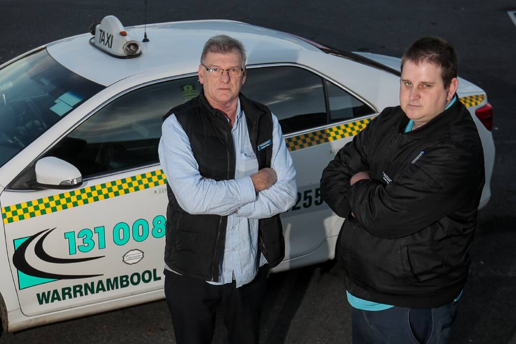 Not on: Warrnambool Radio Taxis drivers Ron Warren and Josh Knight have been physically and verbally abused while trying to get customers home safely. Picture: Morgan Hancock