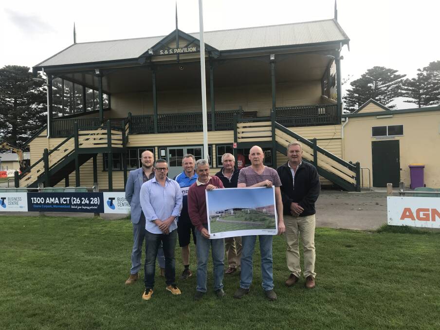 Exciting: Moyne Shire councillor Jordan Lockett, Designers by Nature's Dean Picken, club committee member Ashley King, councillor Ian Smith, club president Noel Black, vice president Gareth Allen and mayor Mick Wolfe. 