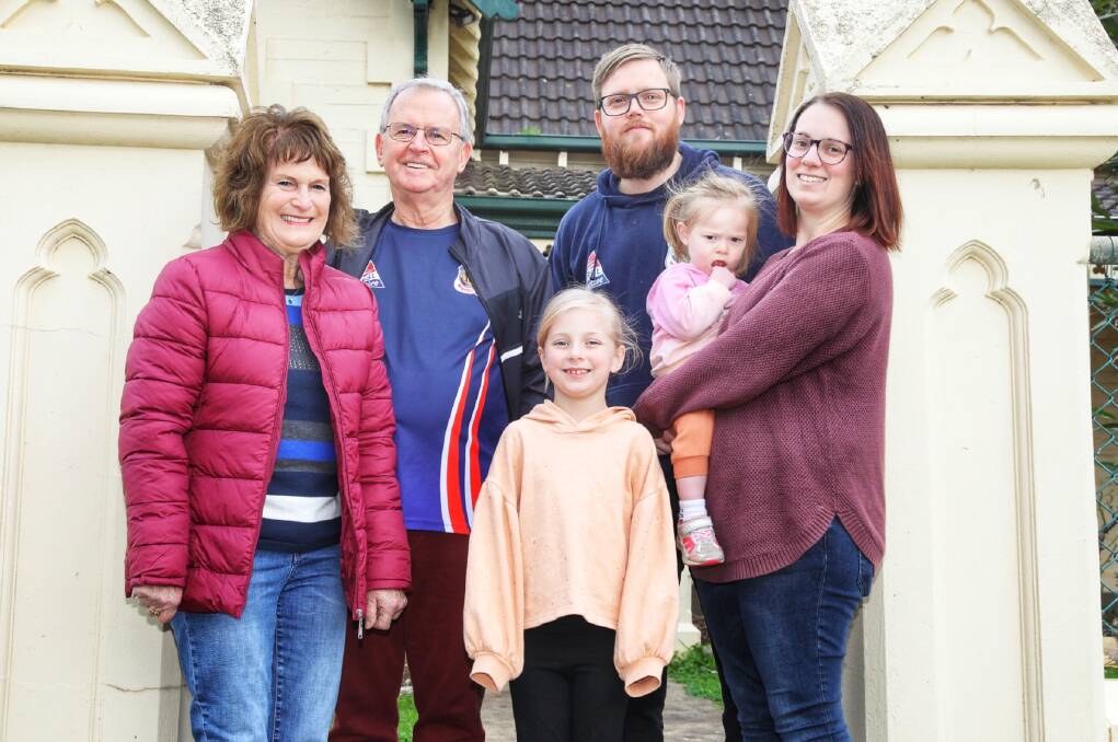 One big family: Warrrnambool's Helen and Doug Heazlewoood with Mitch Stutchbury, Hayley Walsh and daughters Amelia, 7, and Olivia, 23 months. The men both served in the same army unit, 50 years apart, which they realised upon meeting at an RSL Active event. Picture: James Mepham