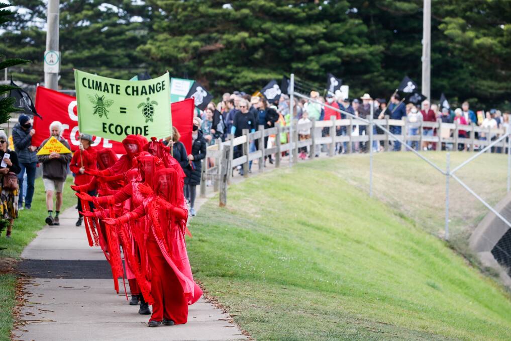 About 350 people attended a Warrnambool Wants Action Climate Rally, led by the Red Rebels on Saturday. The rally began at the main beach, travelled up to Cannon Hill and on to the Civic Green where participants listened to speeches and live music. Picture: Anthony Brady