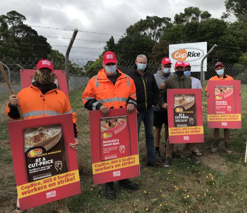 Stop work: Cobden CopRice workers walked off the job on Tuesday. The strike action will continue on Wednesday with 300 Victorian and interstate workers across the SunRice group seeking better pay and to retain conditions.