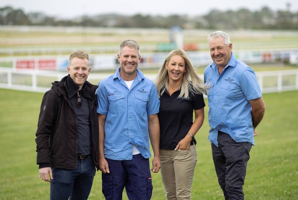 Warrnambool Racing Club announces partnership with local event supplier Grand Events Hire & Styling for the 2024 May Racing Carnival. Racing club operations and marketing manager Luke Aggett with Grand Events owners Daniel and Jess Griffey and Jim Clark. Picture by Sean McKenna