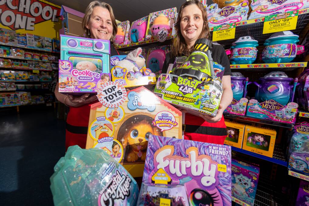 Warrnambool Toyworld owner Karina Valente and team member Erika Hyland with some of its top toys for Christmas 2023. Picture by Eddie Guerrero