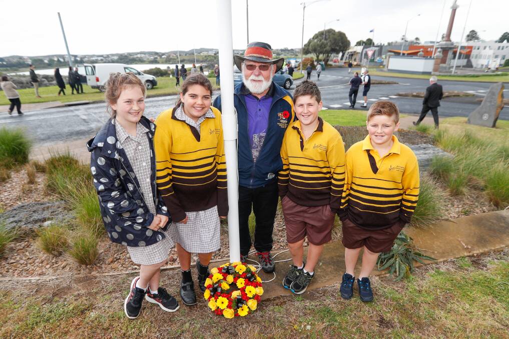 Above: Robert Lowe, pictured in 2018, with Warrnambool Primary School students Jy-Lee Smith, Shakira Chatfield, Damon Anders and Kayden Edwards. Picture: Morgan Hancock