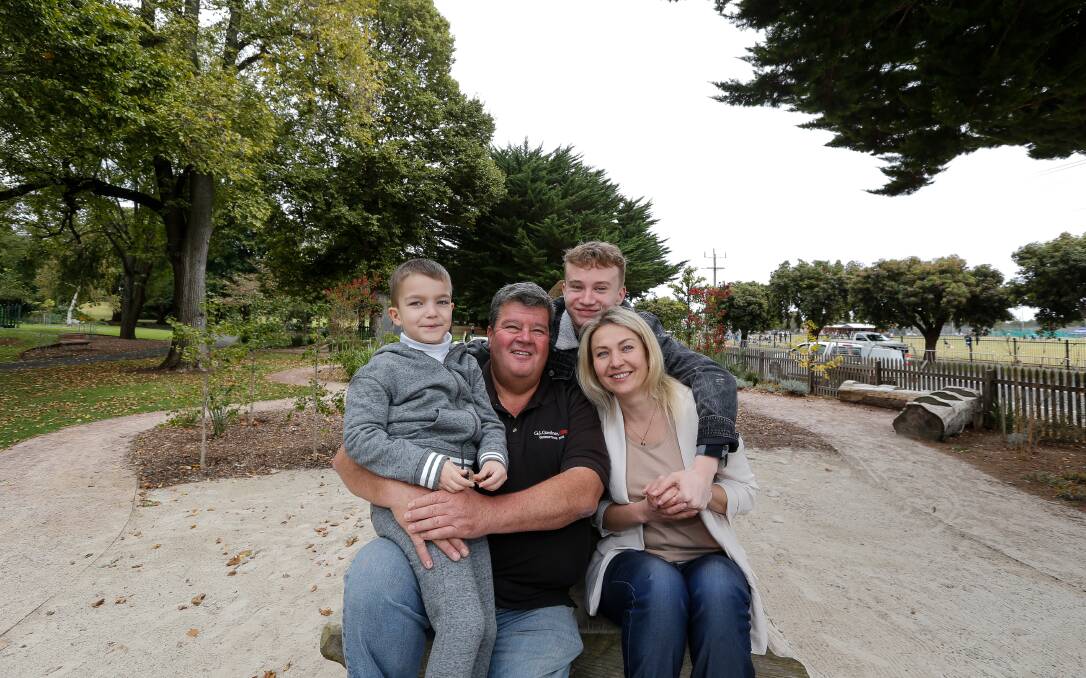 Relieved: Warrnambool's Andrew Womersley with his son Andrii, 6, Andrii's mum Liudmyla, and brother Sasha, 16, who have arrived in the south-west after fleeing Ukraine. Picture: Anthony Brady