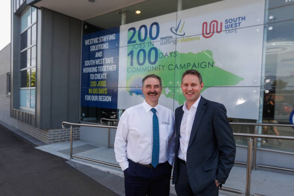 On target: Westvic Staffing Solutions chief executive officer Dean Luciani and South West Tafe chief executive officer Mark Fidge are on track to creating 200 jobs in 100 days. Picture: Morgan Hancock
