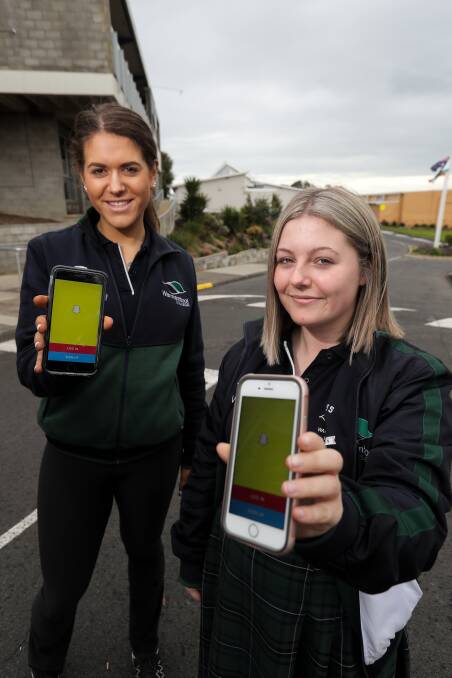 Say no: Moyne Shire Youth Councillors Caillin Moore, 18, and Emily Duncan, 17, have designed anti-bullying Snapchat filters. Picture: Rob Gunstone
