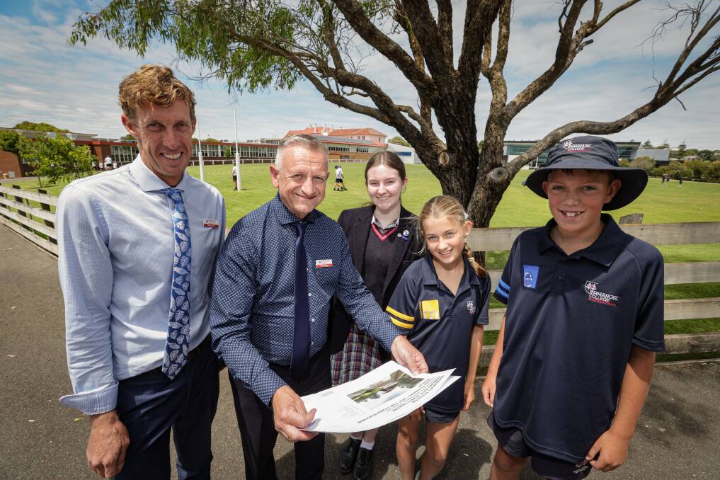 Emmanuel College will start the construction of its $16 million dedicated year nine Edmund Rice Centre mid year. Business manager Stephen Kerr, principal Peter Morgan, with students Mia Hynes, Sophie Brown and Arlo Greene. Picture by Sean McKenna.