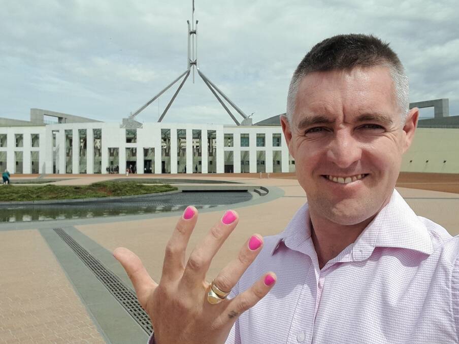 Warrnambool dad Matthew McConnell will speak at the national Perinatal Mental Health Week launch in Canberra on Tuesday, November 14, 2023. He and wife Madeline lost their eight-day-old daughter Wren in April 2022, and painted their nails with daughter Edie, then 2, to connect the siblings while they were in hospital with Wren. Picture supplied