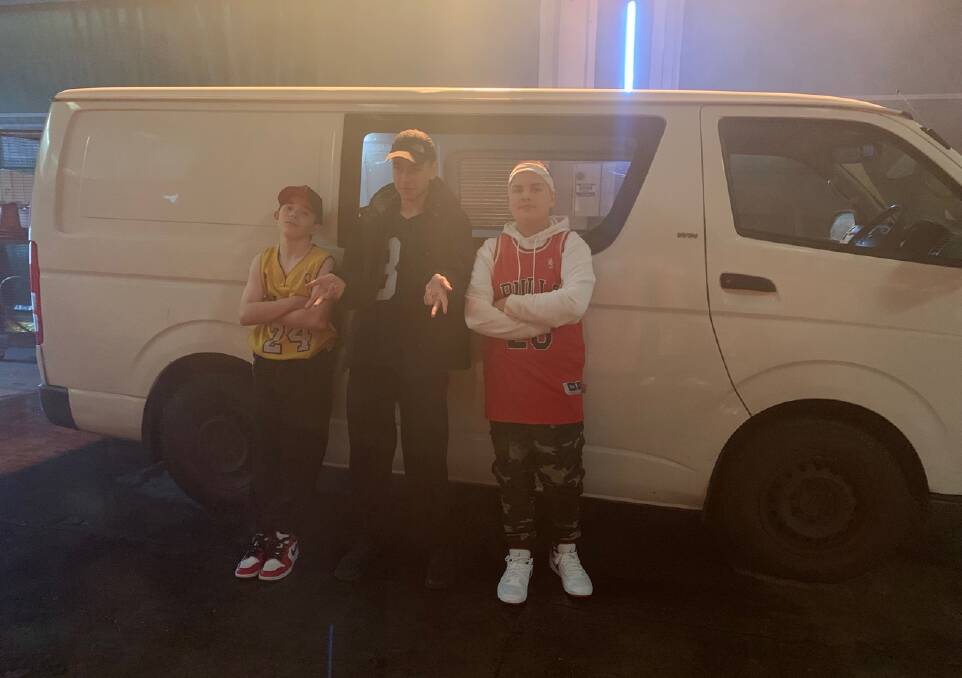 Starring role: Warrnambool's Jermaine Ferguson, 13, (right) on set at the filming of hip-hop band Bliss N Eso's latest music video.
