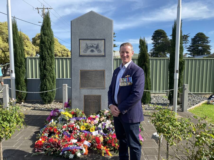 Port Fairy's James Kelly spoke about the impact of war on service men and women and their families, mental health and the changing face of war at Anzac Day services at Port Fairy and Koroit on Tuesday. Picture by Madeleine McNeil