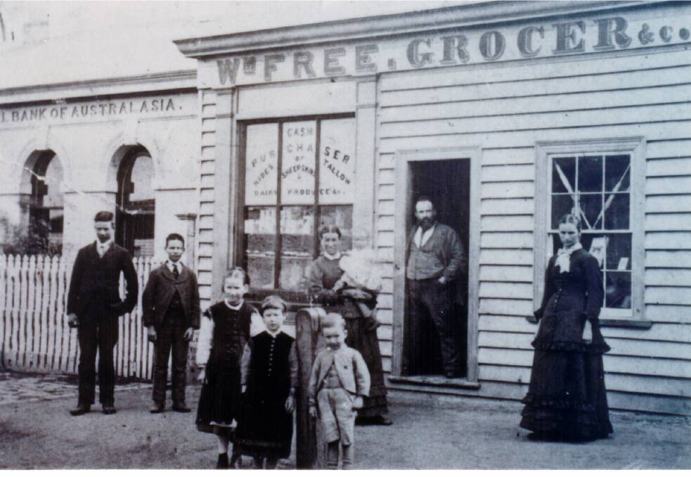 Old: The owners of the former Free family grocery store in Commercial Road Koroit, in a photo believed to date back to the 1870s. 