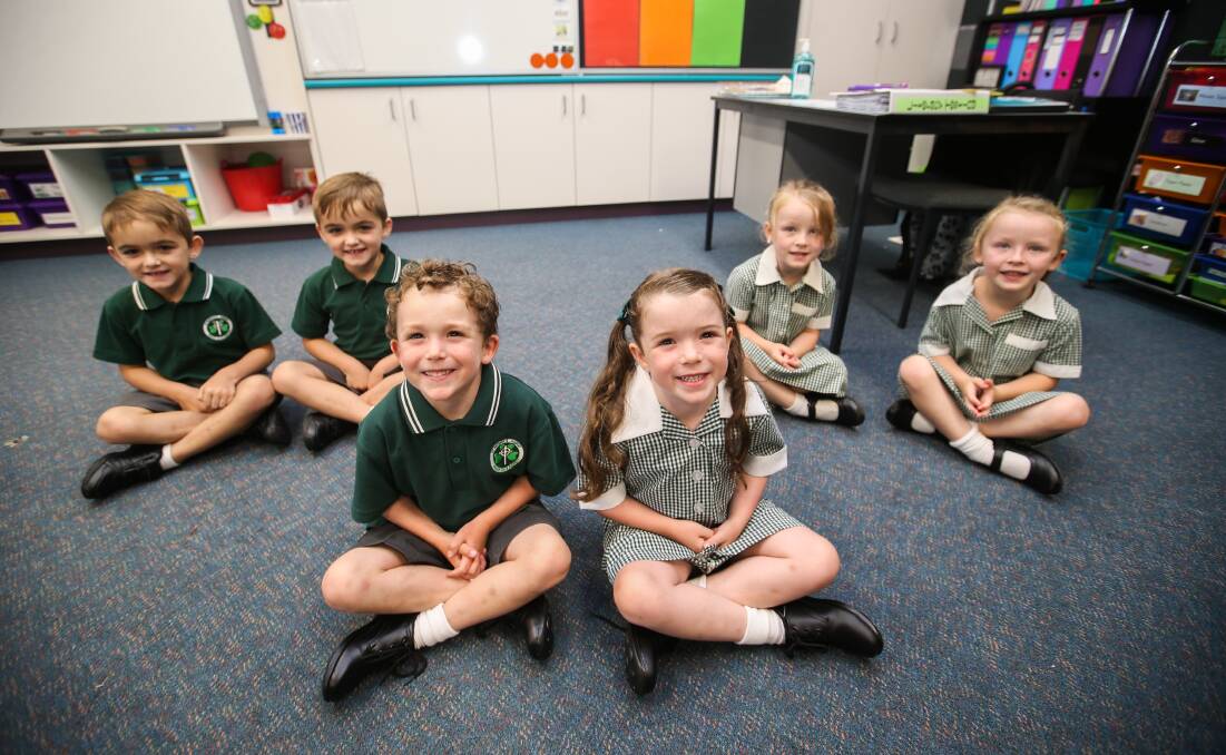 Twins: It will be double the fun when prep students Nash and Ace Bidmade, Oliver and Grace McMahon and Maya and Charli Lathwell start school at St Patrick's Primary School in Koroit on Thursday. Picture: Amy Paton