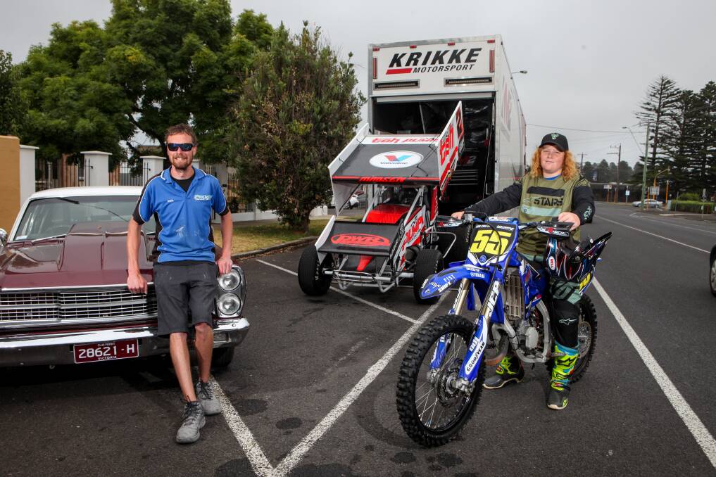 Ready: Motor events dominate this weekend's calendar with drag racing, motocross and speedway action to choose from. Pictured is drag racing driver Paul Turnbull, of Warrnambool, and motorcross rider Sam Chilton, 15, from Allansford, with Kerry Madsen's car which is racing in the Grand Annual Sprintcar Classic. Picture: Rob Gunstone