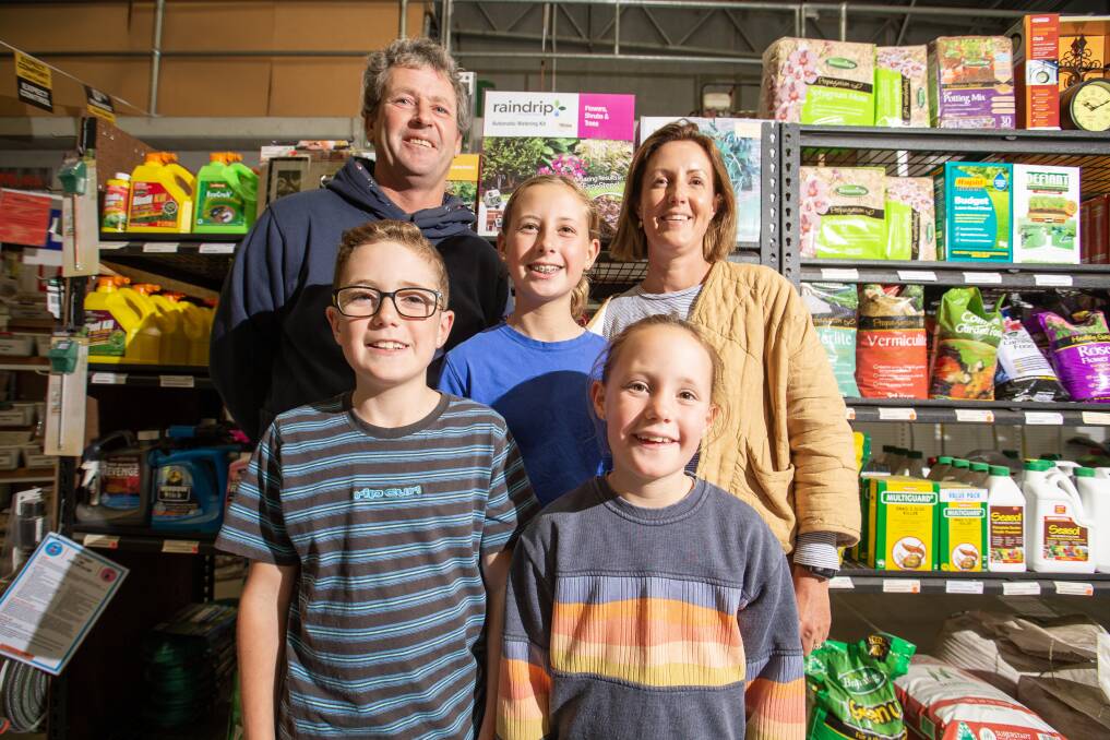 Warrnambool's Bells Garden Centre is under new ownership with Adam and Laura Main purchasing the business. They're pictured with children Sadie, 12, Billy, 10, and Poppy, 8. Picture by Eddie Guerrero
