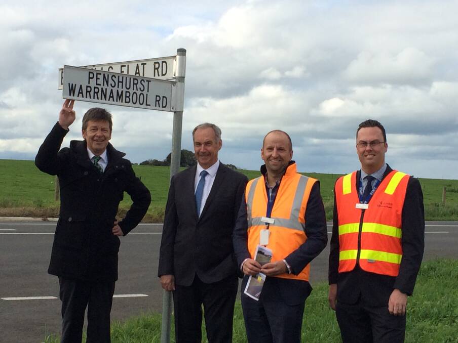 Safer: Roads Minister Luke Donnellan, Western Victorian MP James Purcell and Vic Roads regional director Mark Koliba and south-west Victoria operations manager Nigel Power at the 'problematic' intersection.
