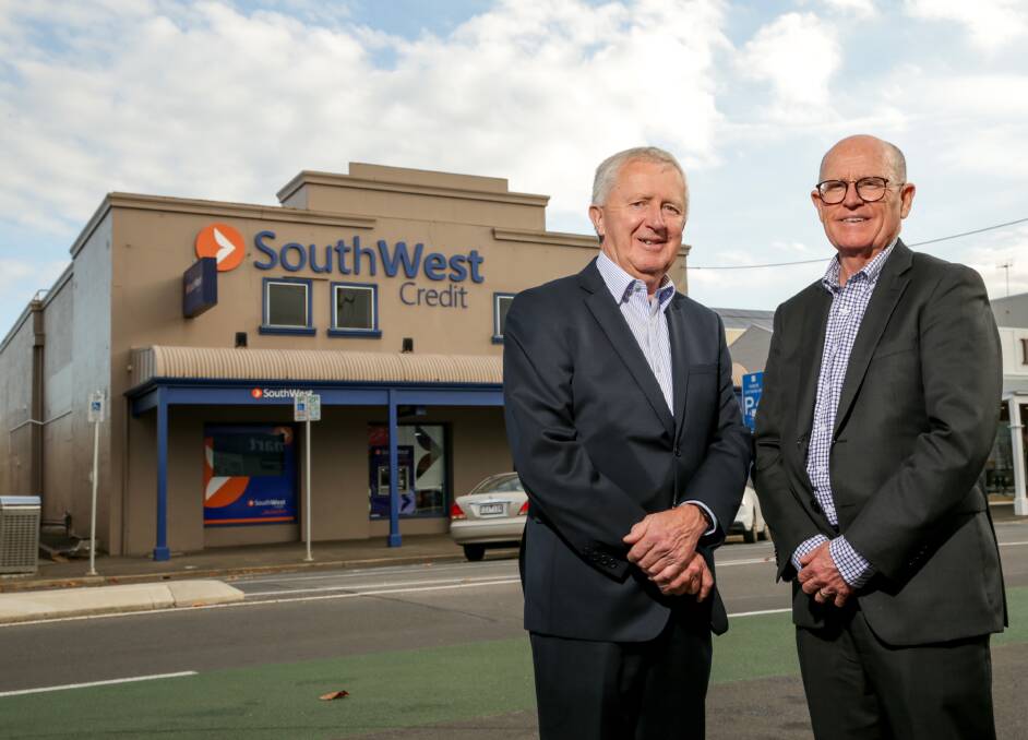 Applications open: South West Credit CEO David Brown and Beyond Bank CEO Robert Keogh celebrate the launch of the new Beyond Bank community support fund. picture: Chris Doheny