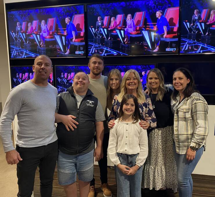 Proud: Warrnambool's Jesse Rudman with his family who attended The Voice live auditions. A large group of family and friends gathered to watch the episode which was televised on Wednesday night. Pictured: Billy McNulty, Jacob Rudman-Reeves, Jesse Rudman, Ava Rudman, 13, Terri Delaney, Bethany Delaney, Carly McNulty and Harper Rudman, 9. Picture: Madeleine McNeil