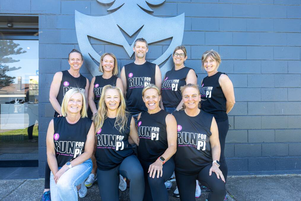 Some of the Fit After 40 Run for PJ team members participating in Sunday's Melbourne Marathon back (L-R) Rachel Kenny, Zoe Stevens, Craig Hartwich, Tania Ross, Karen Kline, front (L-R) Ange Jellie, Kate Miller, Tania Monk and Alison Kenna. Picture by Eddie Guerrero