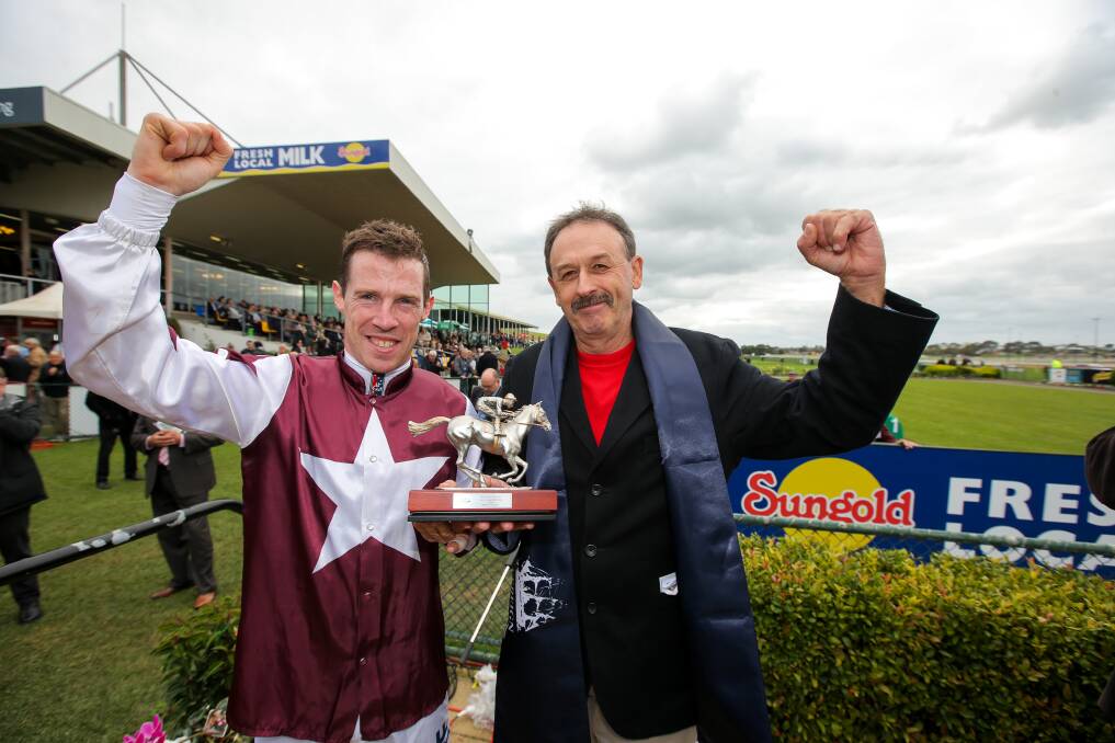 PUMPED: Jockey John Allen and part-owner Brian Salmon celebrate Renew's win in the 2017 Galleywood Hurdle at the May Racing Carnival. Picture: Rob Gunstone
