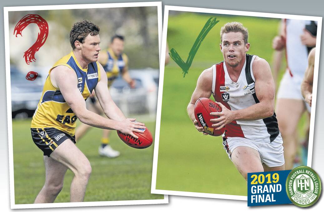 FINALISING TEAMS: North Warrnambool Eagles' Sam James is fighting to earn back his spot while Koroit will pick Tom Couch for Saturday's decider. Pictures: Rob Gunstone, Anthony Brady 