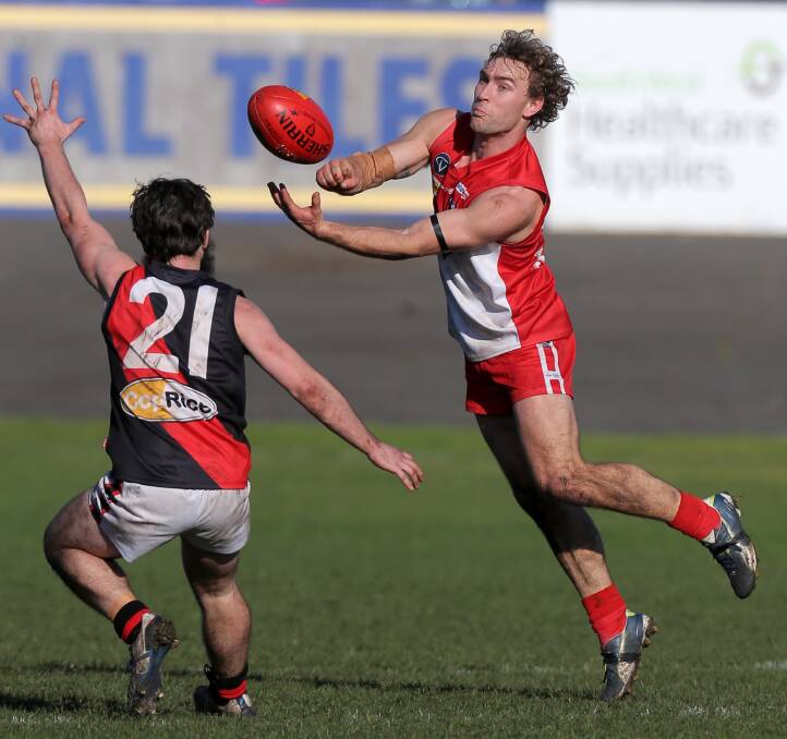 LEADING BY EXAMPLE: South Warrnambool midfielder Nick Thompson has shouldered a heavy workload this Hampden league season. Picture: Rob Gunstone