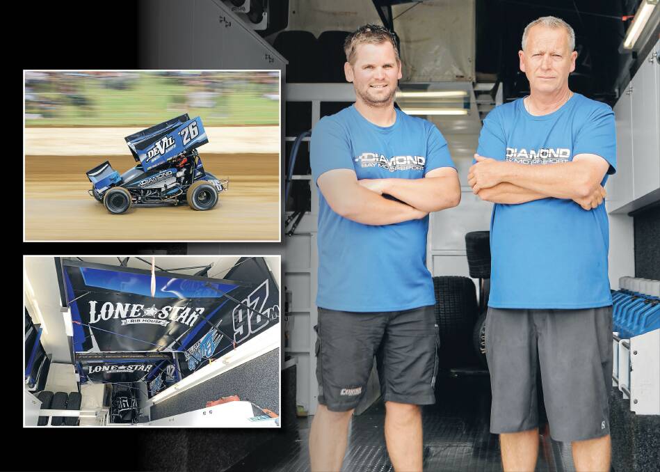 TEAM WORK: (clockwise) Crew members Jamie Kennett and Steve Stathy in the Diamond Bay Motorsport truck, the spare wings on the roof and American driver Cory Eliason in action. Pictures: Rob Gunstone, Morgan Hancock 