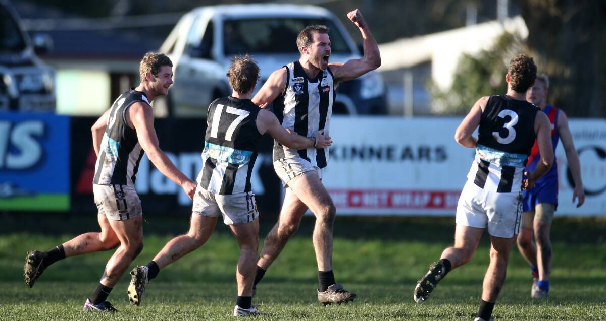 GAME-CHANGER: Camperdown defender Daniel Seehusen kicks a rare goal for the Magpies in their come-from-behind win over Terang Mortlake. Picture: Amy Paton