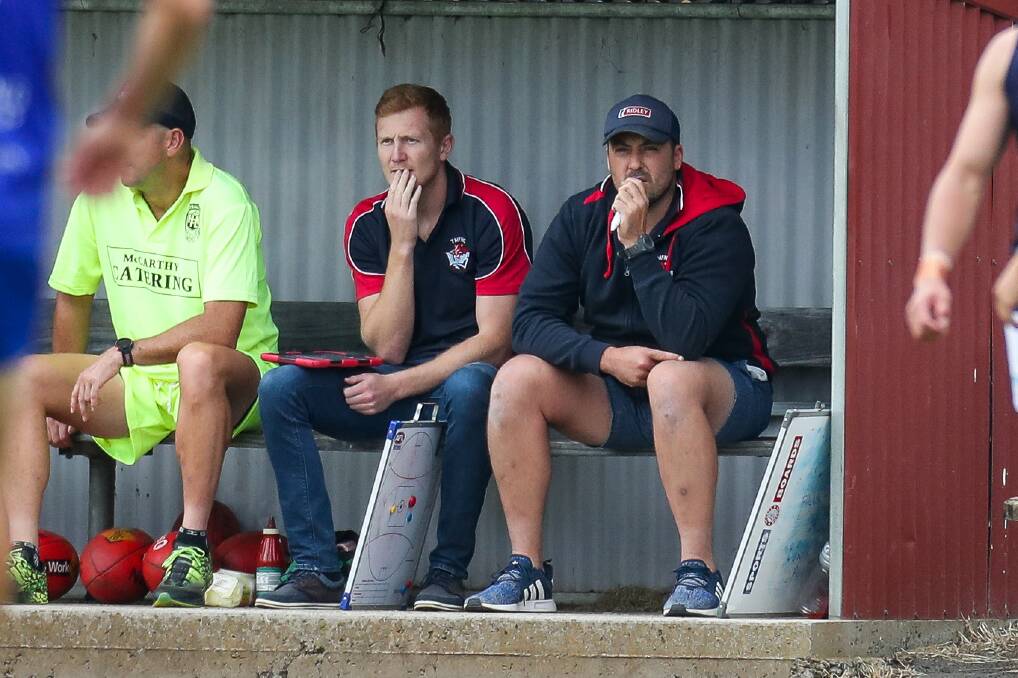 DEEP IN THOUGHT: Terang Mortlake assistant coach Jordie McKenzie and coach Michael Sargeant plotting a Bloods' revival. They have a 0-6 record. Picture: Morgan Hancock