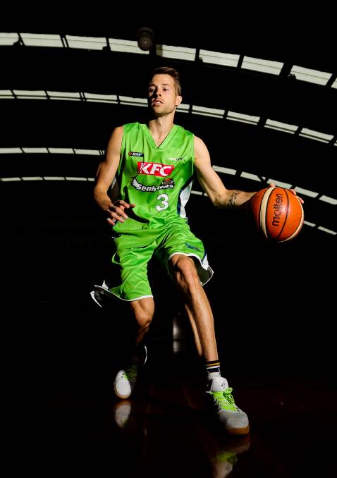 FAMILIAR COLOURS: Australian basketballer Nathan Sobey donned his Warrnambool Seahawks colours for a photo shoot on Tuesday. He'll play for his home club on Saturday night. Picture: Morgan Hancock 