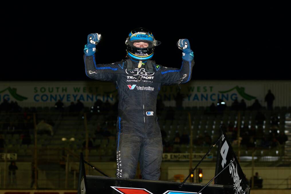 PUMPED UP: Warrnambool driver Jack Bell savours his Jack Willsher Cup victory on Saturday night. Picture: Robert Lake Photography