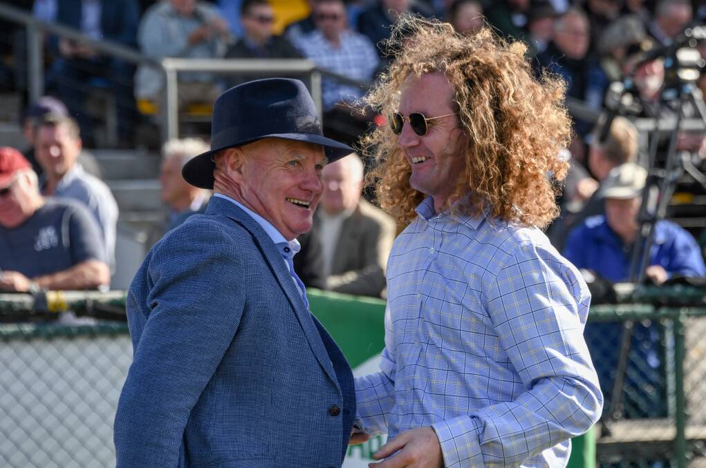 HAPPY TEAM: Big Blue part-owner Colin McKenna and trainer Ciaron Maher are all smiles after winning the 2019 Galleywood Hurdle at Warrnambool on Wednesday. Picture: Alice Laidlaw, Racing Photos 