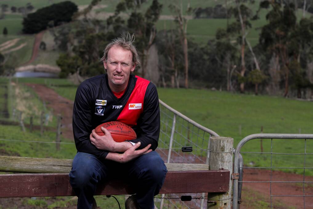 LOYALTY REAPS ITS REWARDS: Cobden footballer Simon Morris, pictured at his Jancourt East farm, will run out for his 400th match in red and black on Saturday. Picture: Rob Gunstone